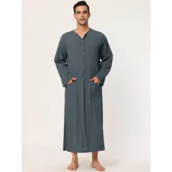 Lars Amadeus Men's Night Sleep Cotton Side Split Long Gown With Pockets