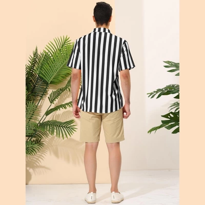 Lars Amadeus Men's Summer Vertical Striped Shirt Short Sleeves Button Up Color Block Stripe Shirt - Image 4
