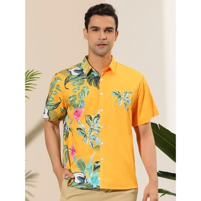 Lars Amadeus Men's Hawaiian Shirt Short Sleeves Summer Patchwork Floral Leaf Shirts