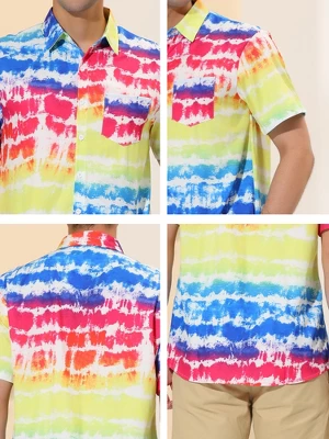 Lars Amadeus Men's Tie-dye Color Block Button Down Hawaiian Short Sleeve Striped Shirts - Image 5