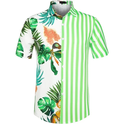 Lars Amadeus Men's Summer Button Down Hawaiian Tropical Floral Leaf Striped Patchwork Shirts - Image 9