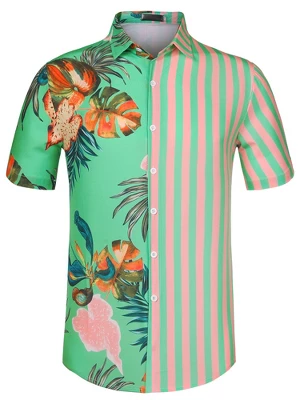 Lars Amadeus Men's Summer Button Down Hawaiian Tropical Floral Leaf Striped Patchwork Shirts - Image 6