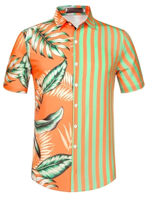 Lars Amadeus Men's Summer Button Down Hawaiian Tropical Floral Leaf Striped Patchwork Shirts - Image 7