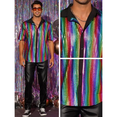 Lars Amadeus Men's Button Down Short Sleeves Costume Disco Shiny Metallic Shirt - Image 3