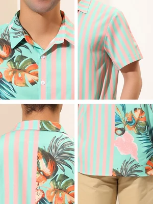 Lars Amadeus Men's Summer Button Down Hawaiian Tropical Floral Leaf Striped Patchwork Shirts - Image 5