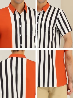 Lars Amadeus Men's Summer Hawaiian Short Sleeves Button Down Color Block Stripe Patchwork Shirts - Image 5