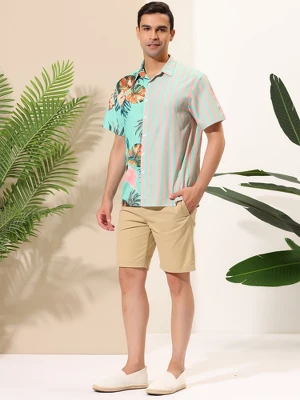 Lars Amadeus Men's Summer Button Down Hawaiian Tropical Floral Leaf Striped Patchwork Shirts - Image 3