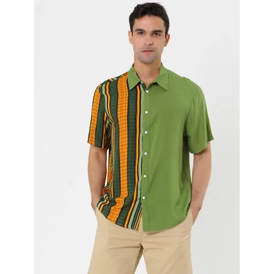 Lars Amadeus Men's Irregular Geometric Color Block Patchwork Button Down Short Sleeve Striped Shirts - Image 2