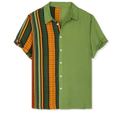 Lars Amadeus Men's Irregular Geometric Color Block Patchwork Button Down Short Sleeve Striped Shirts - Image 6