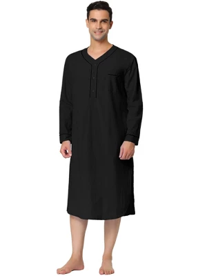 Lars Amadeus Men's Nightshirt Cotton Sleep Shirt Long Sleeves Henley Nightgown Sleepwear - Image 9