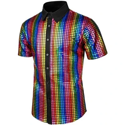 Lars Amadeus Men's Button Down Short Sleeves Costume Disco Shiny Metallic Shirt - Image 5