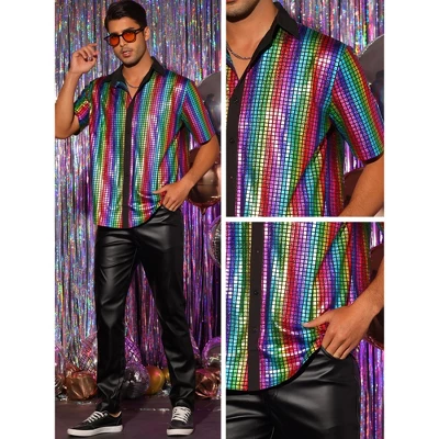 Lars Amadeus Men's Button Down Short Sleeves Costume Disco Shiny Metallic Shirt - Image 4