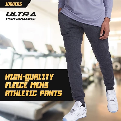 Ultra Performance Mens 3 Pack Fleece Active Tech Joggers | Active Bottoms With Zipper Pockets 3pk