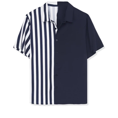 Lars Amadeus Men's Irregular Geometric Color Block Patchwork Button Down Short Sleeve Striped Shirts - Image 9