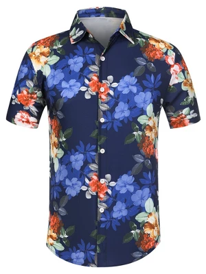 Lars Amadeus Men's Summer Floral Printed Short Sleeves Button Down Beach Hawaiian Shirt - Image 16