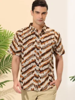 Lars Amadeus Men's Irregular Geometric Shirt Color Block Short Sleeves Button Down Summer Shirts