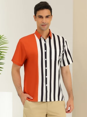 Lars Amadeus Men's Summer Hawaiian Short Sleeves Button Down Color Block Stripe Patchwork Shirts