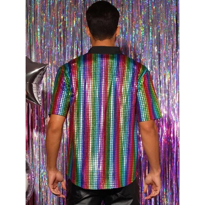 Lars Amadeus Men's Button Down Short Sleeves Costume Disco Shiny Metallic Shirt - Image 2
