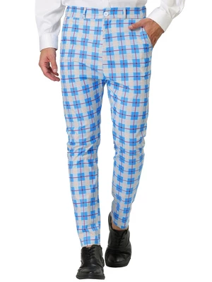 Lars Amadeus Men's Color Block Slim Fit Flat Front Plaid Dress Pants - Image 6