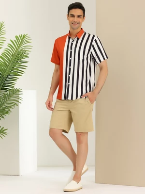 Lars Amadeus Men's Summer Hawaiian Short Sleeves Button Down Color Block Stripe Patchwork Shirts - Image 3