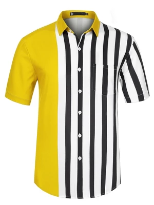 Lars Amadeus Men's Summer Hawaiian Short Sleeves Button Down Color Block Stripe Patchwork Shirts - Image 7