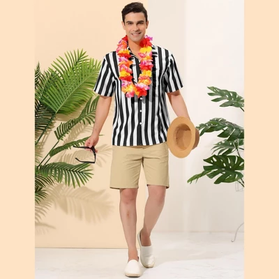 Lars Amadeus Men's Summer Vertical Striped Shirt Short Sleeves Button Up Color Block Stripe Shirt - Image 2
