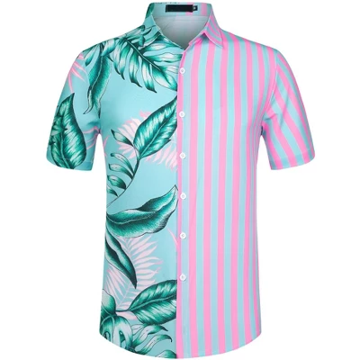 Lars Amadeus Men's Summer Button Down Hawaiian Tropical Floral Leaf Striped Patchwork Shirts - Image 10