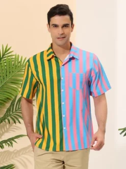 Lars Amadeus Men's Summer Button Down Contrast Color Vertical Stripes Patchwork Shirts