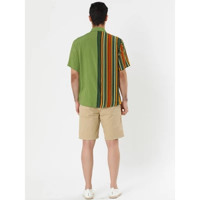 Lars Amadeus Men's Irregular Geometric Color Block Patchwork Button Down Short Sleeve Striped Shirts - Image 4