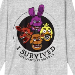Five Nights At Freddy's "I Survived" With Four Characters Men's Heather Gray Long Sleeve Crew Neck Tee