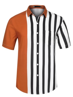 Lars Amadeus Men's Summer Hawaiian Short Sleeves Button Down Color Block Stripe Patchwork Shirts - Image 6