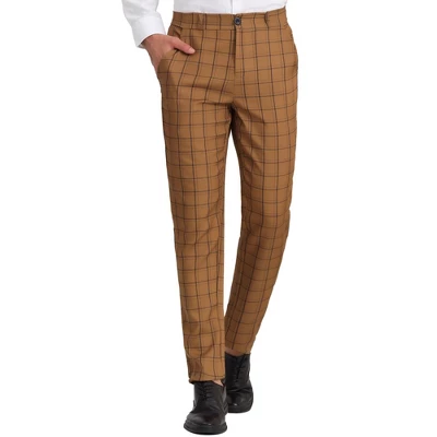 Lars Amadeus Men's Slim Fit Flat Front Plaid Business Formal Pants - Image 6
