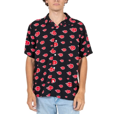Naruto Shippuden Akatsuki Cloud Pattern Short Sleeve Button Down Men's Black Woven Top - Image 5