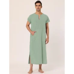 Lars Amadeus Men's Short Sleeves Cotton V-Neck Side Split Long Nightshirt