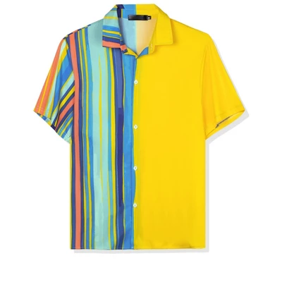 Lars Amadeus Men's Irregular Geometric Color Block Patchwork Button Down Short Sleeve Striped Shirts - Image 7