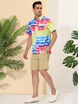 Lars Amadeus Men's Tie-dye Color Block Button Down Hawaiian Short Sleeve Striped Shirts - Image 3