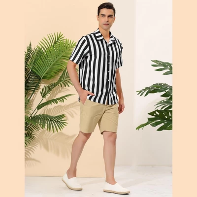 Lars Amadeus Men's Summer Vertical Striped Shirt Short Sleeves Button Up Color Block Stripe Shirt - Image 3