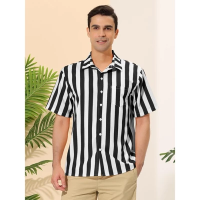 Lars Amadeus Men's Summer Vertical Striped Shirt Short Sleeves Button Up Color Block Stripe Shirt