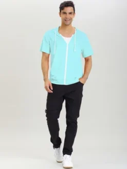 Lars Amadeus Men's Hoodies Solid Color Zip Up Short Sleeve Jackets With Hood