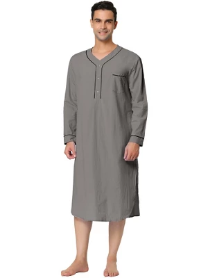 Lars Amadeus Men's Nightshirt Cotton Sleep Shirt Long Sleeves Henley Nightgown Sleepwear - Image 5
