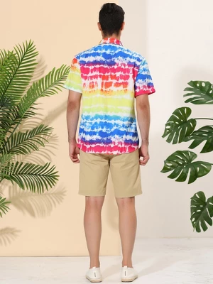 Lars Amadeus Men's Tie-dye Color Block Button Down Hawaiian Short Sleeve Striped Shirts - Image 4