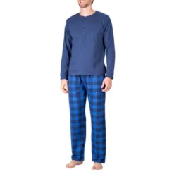 SLEEPHERO Men’s 2 Piece Pajama Set With Cotton Knit Men Pajama Pants And Long Sleeve Henley T-Shirt