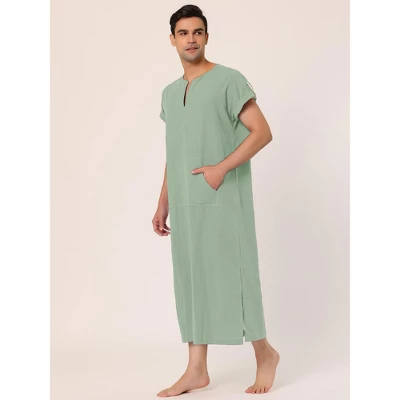 Lars Amadeus Men's Short Sleeves Cotton V-Neck Side Split Long Nightshirt - Image 2