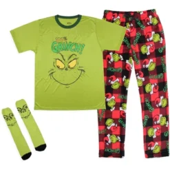 Dr. Seuss The Grinch Men's Pajama Pants Shirt And Socks 3 Piece Pajama Set