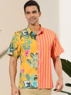 Lars Amadeus Men's Striped Shirt Point Collar Button Up Flower Print Summer Hawaiian Floral Patchwork Shirt