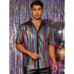 Lars Amadeus Men's Button Down Short Sleeves Costume Disco Shiny Metallic Shirt