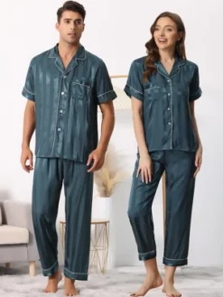 Cheibear Men Striped Satin Button Down Short Sleeve Long Pants Pajama Set
