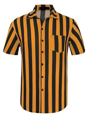 Lars Amadeus Men's Summer Vertical Striped Shirt Short Sleeves Button Up Color Block Stripe Shirt - Image 7