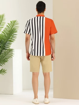 Lars Amadeus Men's Summer Hawaiian Short Sleeves Button Down Color Block Stripe Patchwork Shirts - Image 4