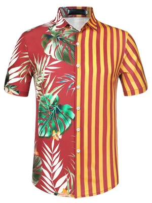 Lars Amadeus Men's Summer Button Down Hawaiian Tropical Floral Leaf Striped Patchwork Shirts - Image 8